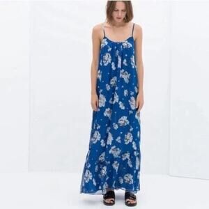 Zara Blue Floral Sleeveless Ruffled Slip Tank Maxi Dress Women's Size Medium